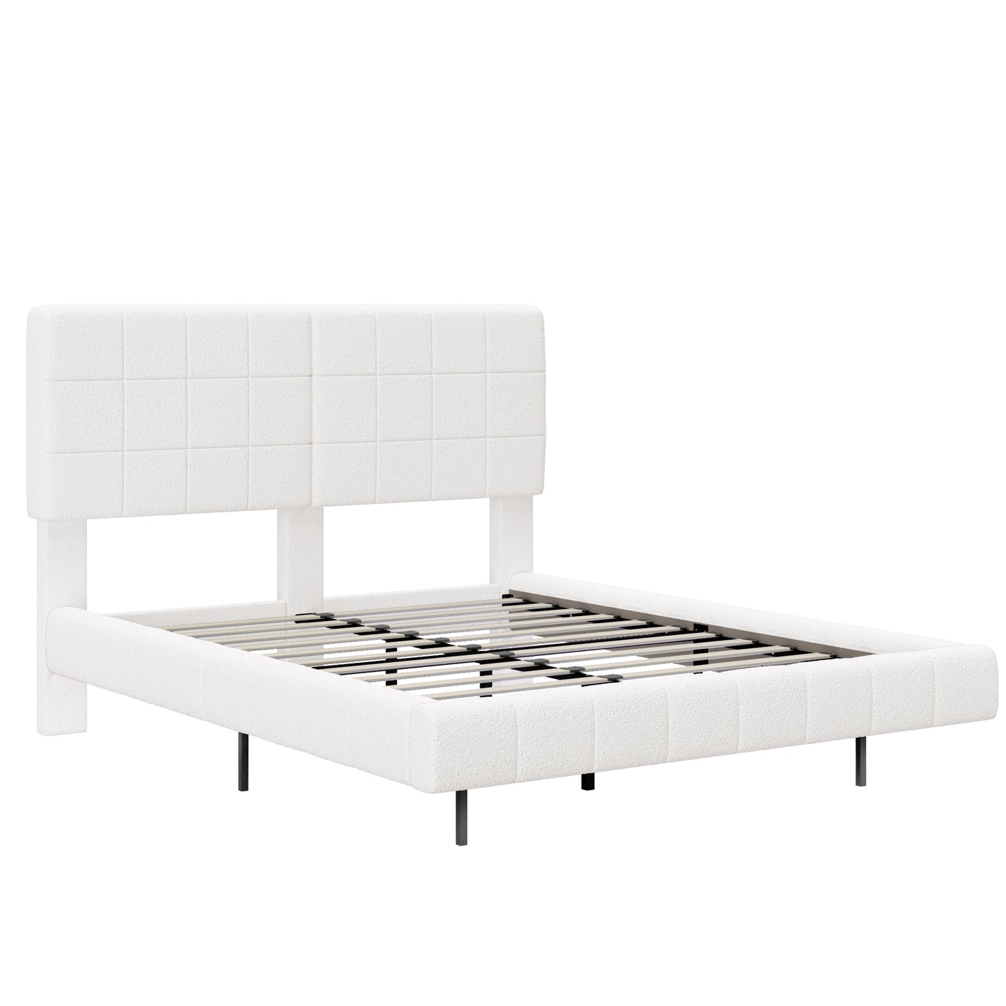 White Boucle Floating Bed with Light, Queen Size, Wood and Fabric Construction, Soft Touch Surface, Modern Minimalist Design  N769P304635W