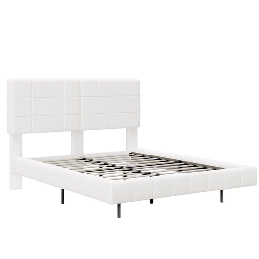 White Boucle Floating Bed with Light, Queen Size, Wood and Fabric Construction, Soft Touch Surface, Modern Minimalist Design  N769P304635W