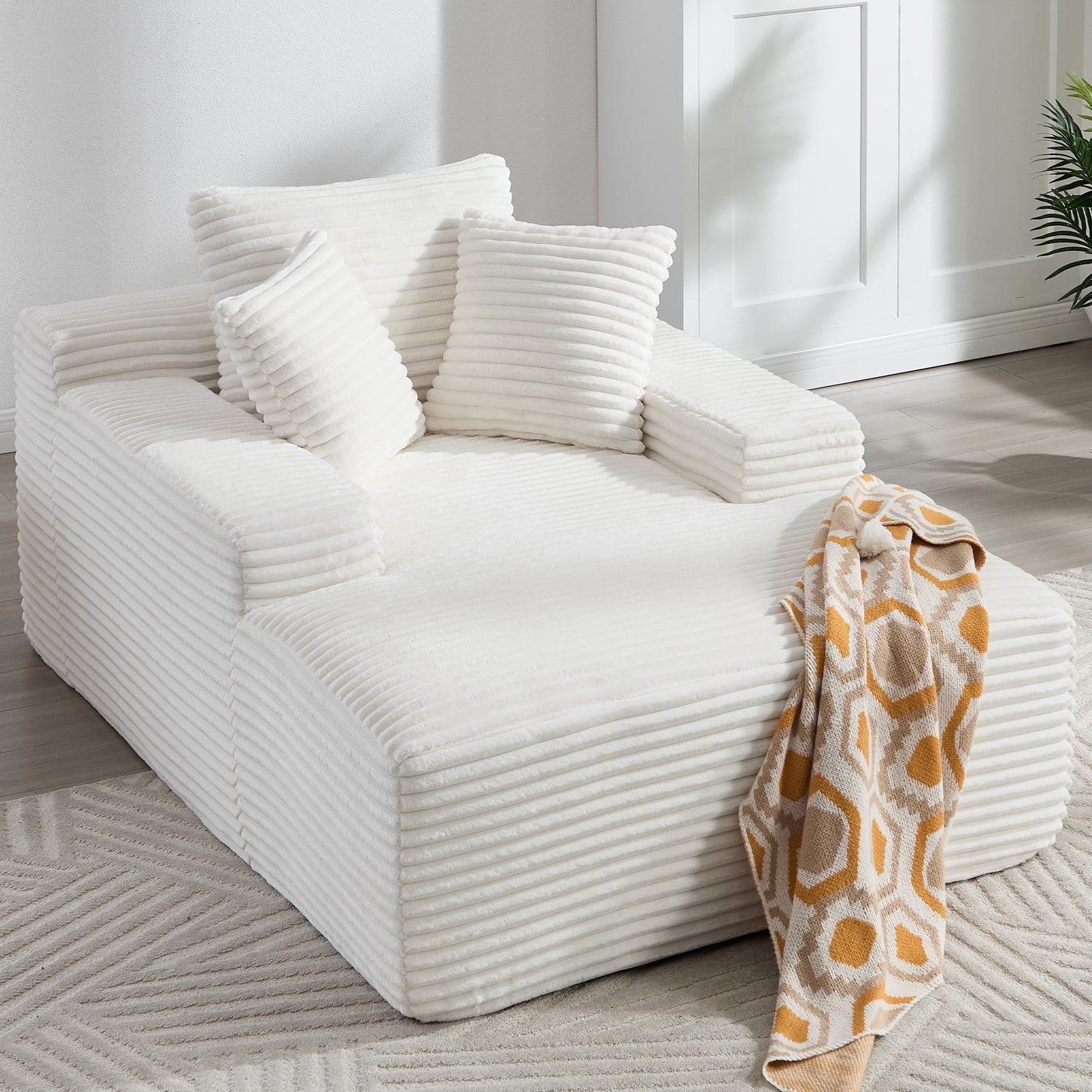 67' Chaise Lounge Chair 9.9'' Wide Armrest Indoor Corduroy Oversized Sleeper Sofa for Living Room Deep Seat Lounge and Three Soft Pillows Convertible Boneless Sofa Bed, White, No Assembly Required W1803P354563