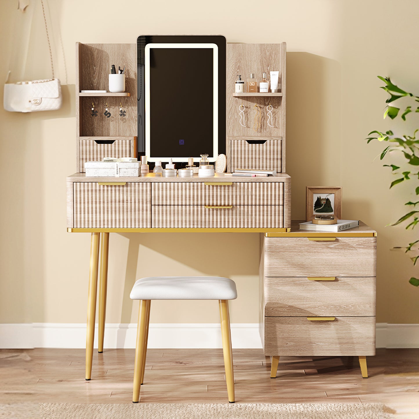 7-Drawer Vanity Desk with LED Mirror & Carved Details, Fluted Makeup Table with Metal Legs and PU Stool, Carved Dressing Table with Jewelry Storage for Bedroom W2700P369516
