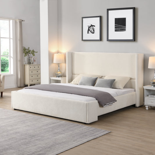 Elegant White Fabric Upholstered Bed with Tall Headboard, White, KING N769K370471W