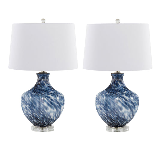 Lotus 27' Contemporary Glass Table Lamp in Waved True Navy and Gold Glass, Polished Nickel and Clear K9 Crystal with White Linen Shade from Grandview Gallery by LumiSource - Set of 2  B202P224040