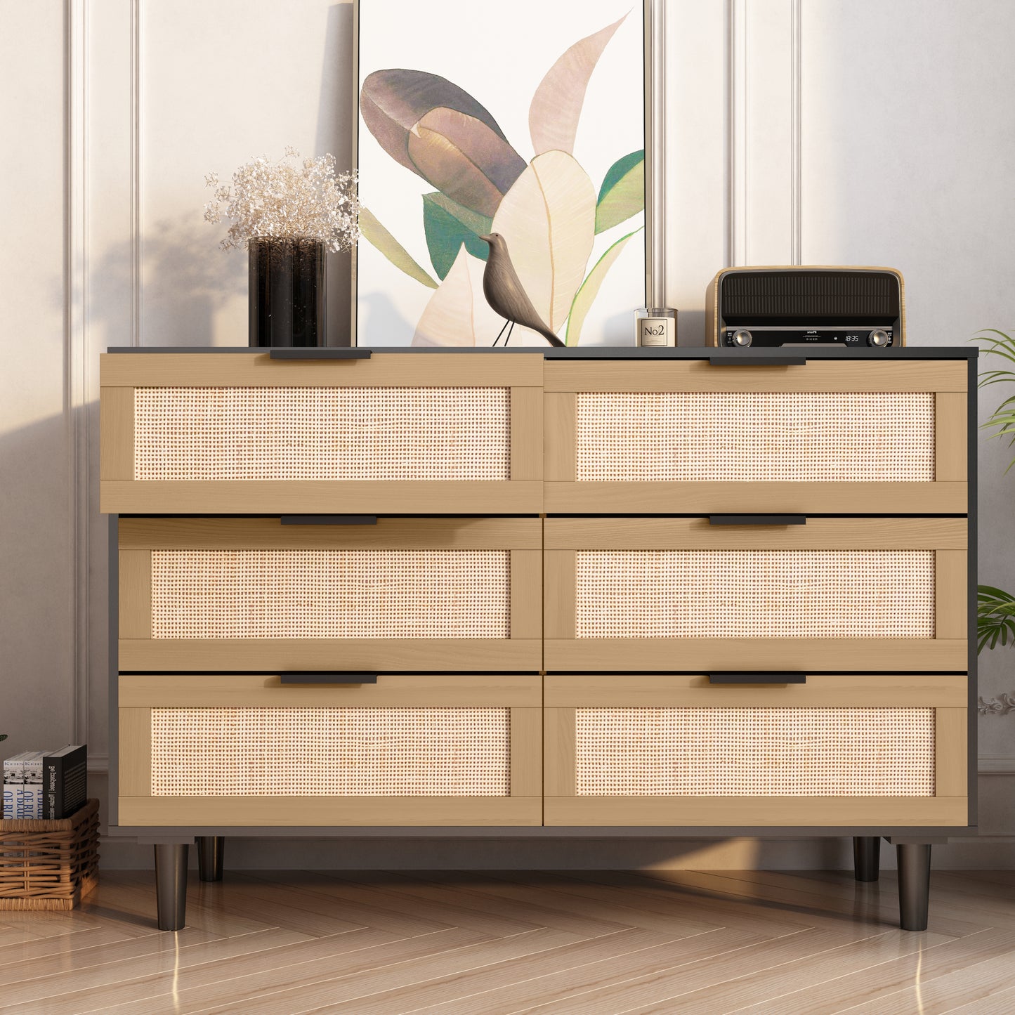 6 drawers Rattan dresser Rattan Drawer, Bedroom,Living Room (Black)  W75763041
