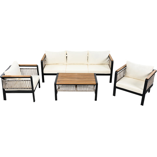 Contemporary Outdoor Sectional Sofa Set with Cushions and Coffee Table, Beige, Steel & Acacia Wood  N719Z000130A