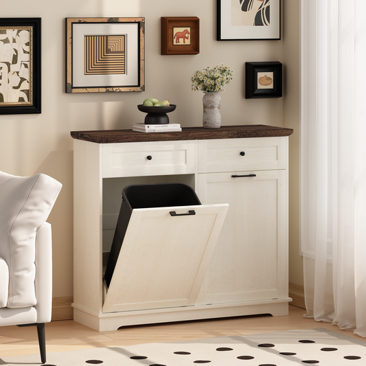 20 Gallon Double Tilt Out Trash Can Cabinet Freestanding Trash Bin Cabinet Wood Garbage Recycling Cabinet with Hideaway Drawer Pet Proof Trash Can Holder for Kitchen Living Room, Antique White W808P379486