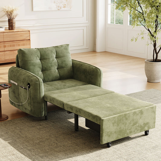 [NEW] 3-in-1 Sleeper Chair Bed, 80' Extra Long Pull Out Sleeping Lounge with USB Charging, Storage Pockets and Box, Tufted Design, Multi-Functional Chenille Single Sofa Bed for Living Room&Apartment  N723S9614F