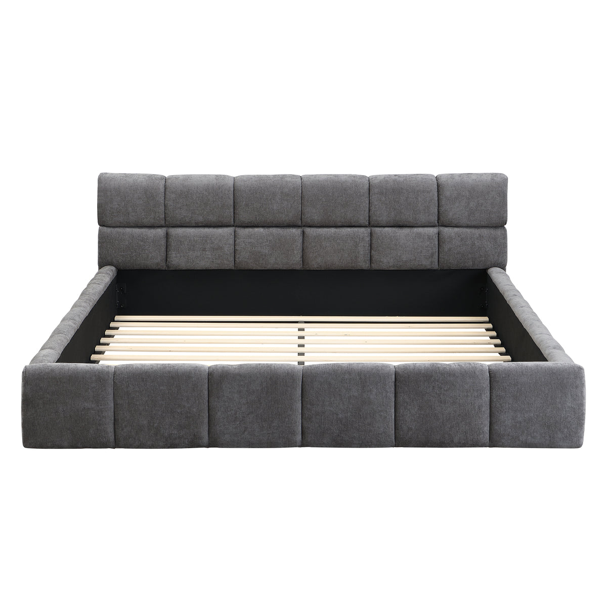 Elegant Beige Chenille Upholstered Bed with Checkerboard Design, Queen, Grey - Soft Fabric, Wood Frame, Modern Bedroom Furniture  N769Q335109G