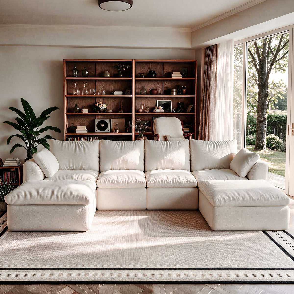 122.1' L‑Shaped 6‑Seat Modular Sectional Sofa with Double Chaise, Oversized Deep Seat Corner Couch, Vacuum Compressed Tool‑Free Assembly, Textured Woven Fabric Large Sofa for Living Room, White  W2824S00431