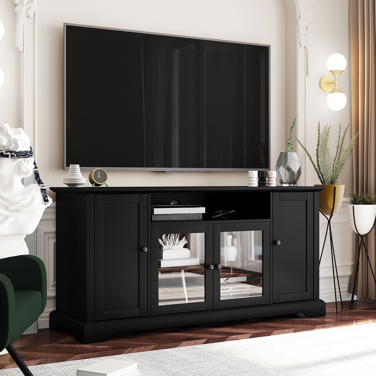 U-Can TV Stand for TV up to 65in with 2 Tempered Glass Doors Adjustable Panels Open Style Cabinet, Sideboard for Living room, Black  WF287841AAB