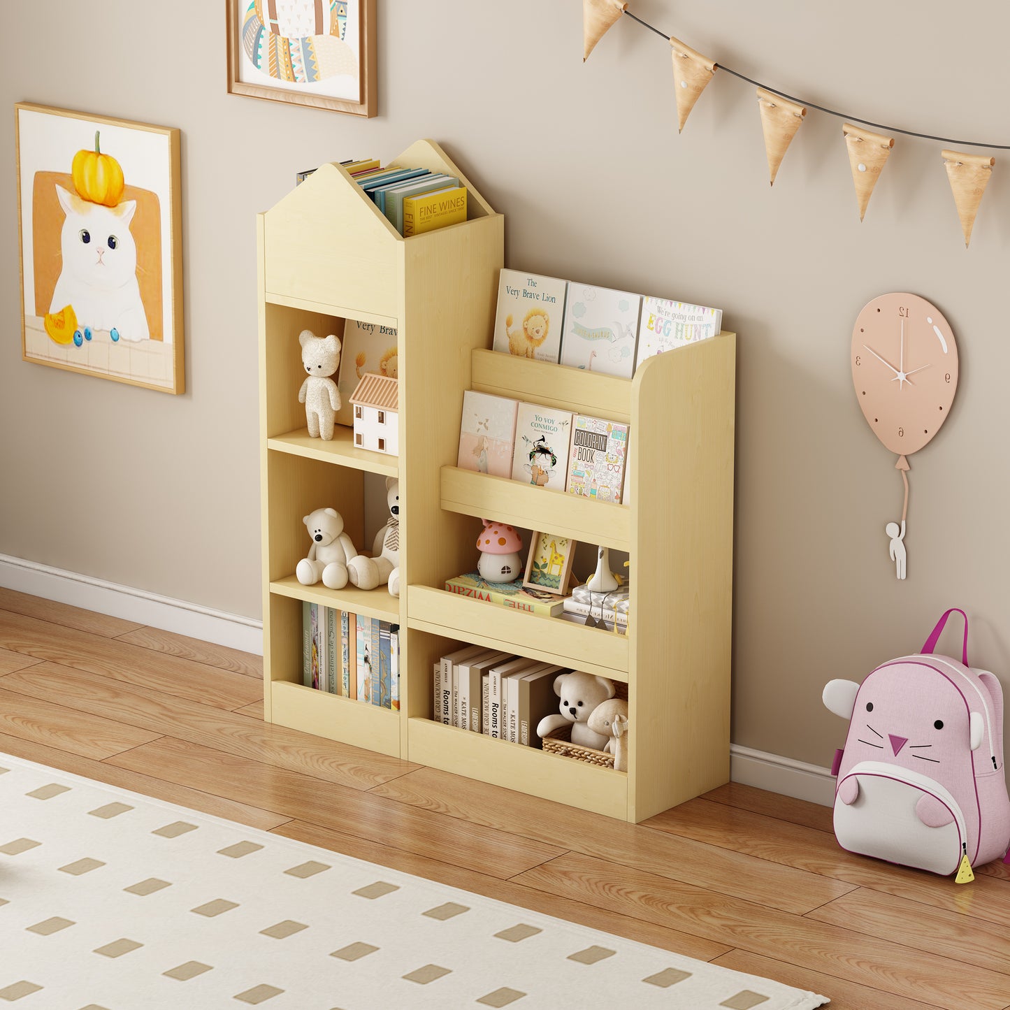 Wood Kids Wooden Bookshelf Toy Storage Organizer with Bookcase, Kid's Bin Storage Unit with 6 Compartments 2 Baskets Bins Toys Box Organizer, Children Multi Shelf Cubby for Books, Toys Shelf  W2876P233553