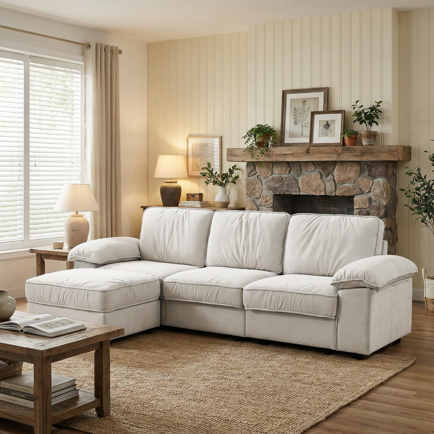 FX-P20M-3S0-CW (3S&Ottoman SOFA)105.5INCH Modern L-Shaped Sectional Sofa Couch , Upholstered Fabric Sofa for Living Room, Comfy Deep Seat Modular Couch with Ottoman, Apartment & Home Furniture W576S00229