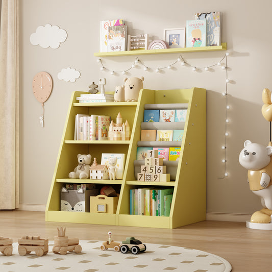 Yellow Wooden Toy Storage Organizer Cabinet Kids Bookshelf  Children Bookcase Toddler Baby Sling Book Rack Shelf for Playroom Bedroom Nursery Hallway School Kindergarten Living Roomy W2876P233539