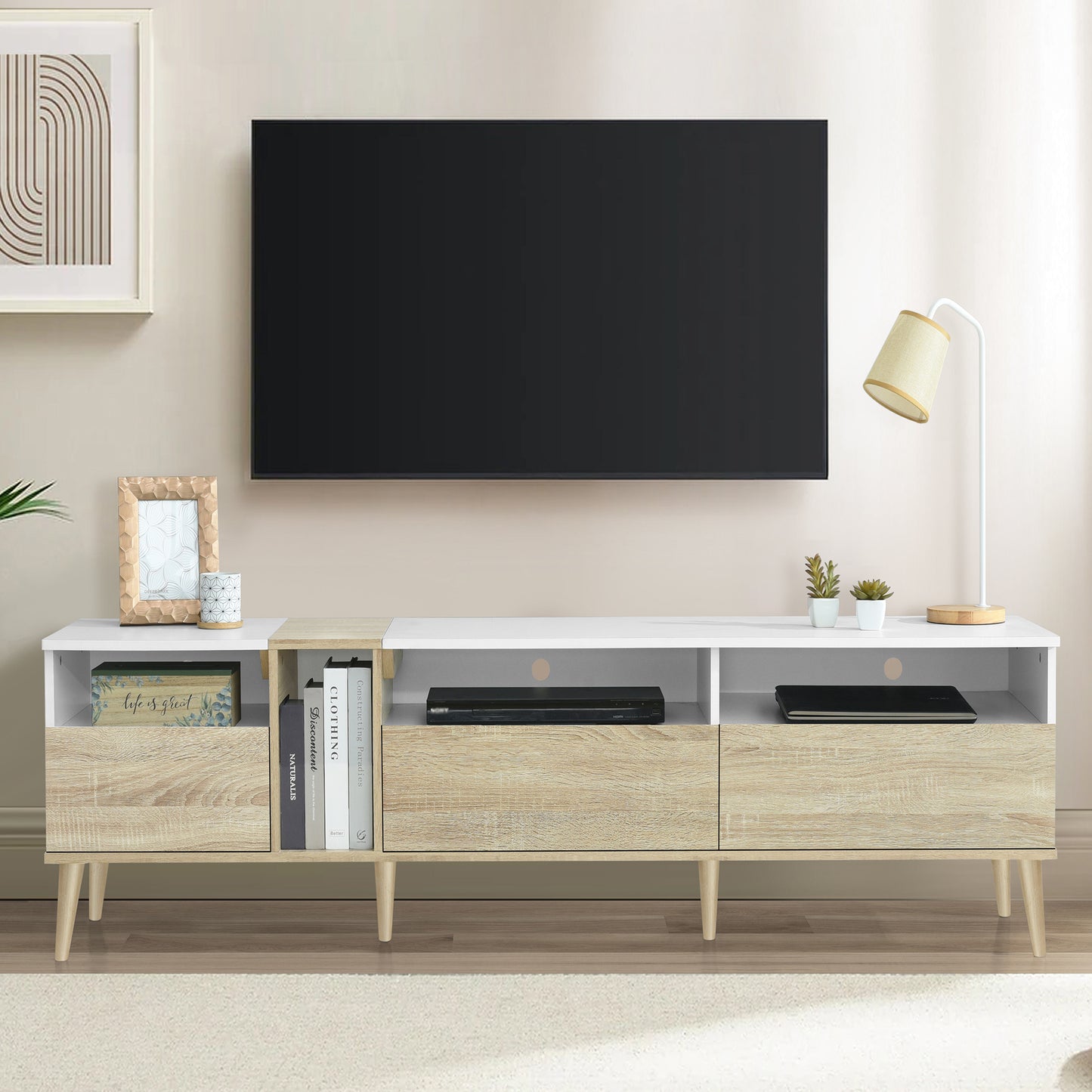 Modern TV with 3 Drawers and Open Shelves, Media Console Table for TVs up to 80'', Entertainment Center for Living Room, Color-Matching Design  N710P234108K