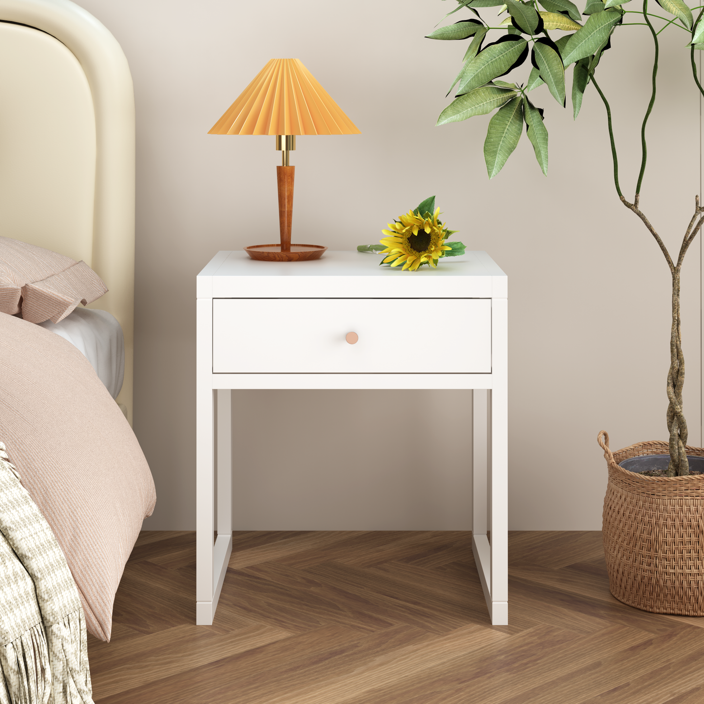Modern White Nightstand with Drawer, Minimalist Bedside Table with Wood Knob, Compact End Table for Bedroom, Apartment, or Small Spaces, Easy Assembly W808P298012