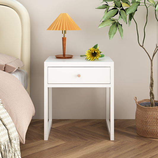 Modern White Nightstand with Drawer, Minimalist Bedside Table with Wood Knob, Compact End Table for Bedroom, Apartment, or Small Spaces, Easy Assembly W808P298012