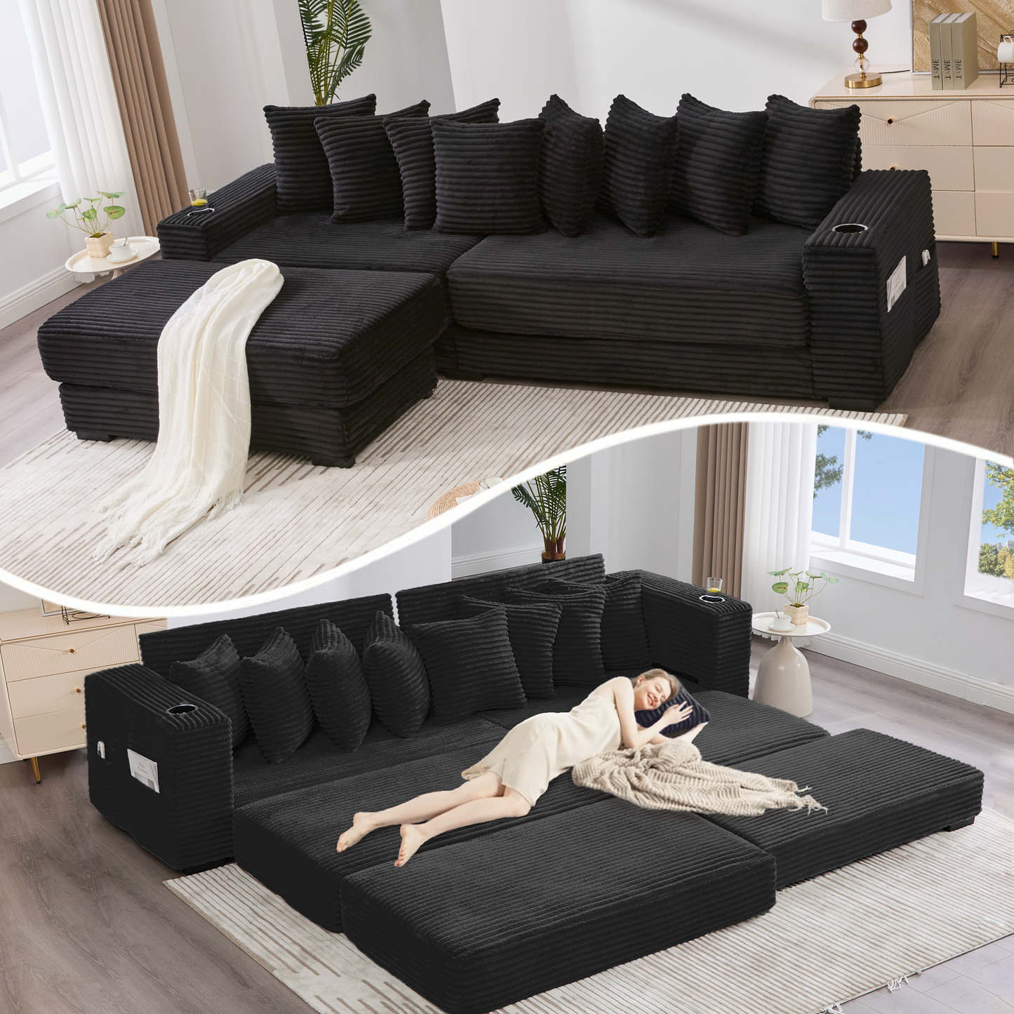 [NEW ARRIVED] [VIDEO PROVIDED] 110.75' Modular L Shaped Sofa, Corduroy Fabric Sectional Couch,With a movable footstool, Cup Holders,Bring 8 throw pillows,Side Pocket,Unfold into a Bed,Black W2108S00128