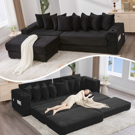 [NEW ARRIVED] [VIDEO PROVIDED] 110.75' Modular L Shaped Sofa, Corduroy Fabric Sectional Couch,With a movable footstool, Cup Holders,Bring 8 throw pillows,Side Pocket,Unfold into a Bed,Black W2108S00128