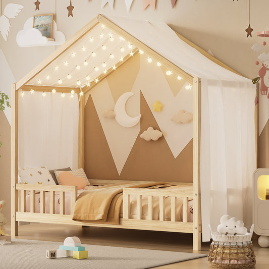 Montessori Floor Bed with Canopy, Twin Bed Frame for Kids, House Shape Kids Bed Frame with High Railings, Wood Kids Bed with Roof, Kid Twin Bed, Natural  N733P356043M