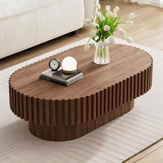Oval Coffee Table,Mid Century Modern Fluted Coffee Table with Pedestal, Classic Wood Coffee Table for Living Room, Bedroom, Apartment, Office, Small Space, 43.1' Walnut  W3204P391004