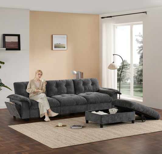 [VIDEO]104*60' Sectional Sofa, L-Shape with Multifunctional Armrest, Dual-Port Charging, Cup Holder, Side Storage Pockets, Movable Storage Ottoman, Unique Tufted Design, Soft Cushion, Chenille,3colors N723S9806E