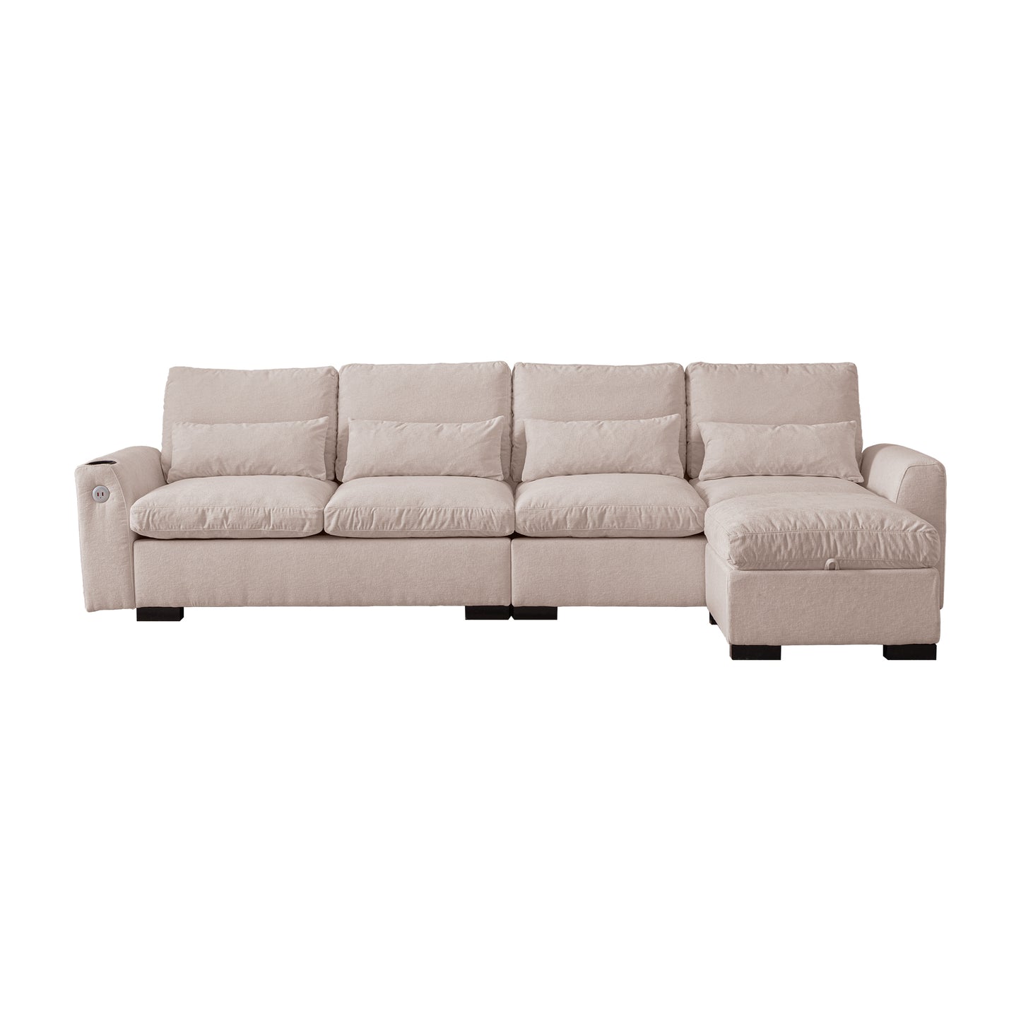Modern Modular L Shaped Chenille Sofa Couch with Reversible Ottoman and Storage, USB Ports, Cup Holder, Beige, 114.5' W848S00035