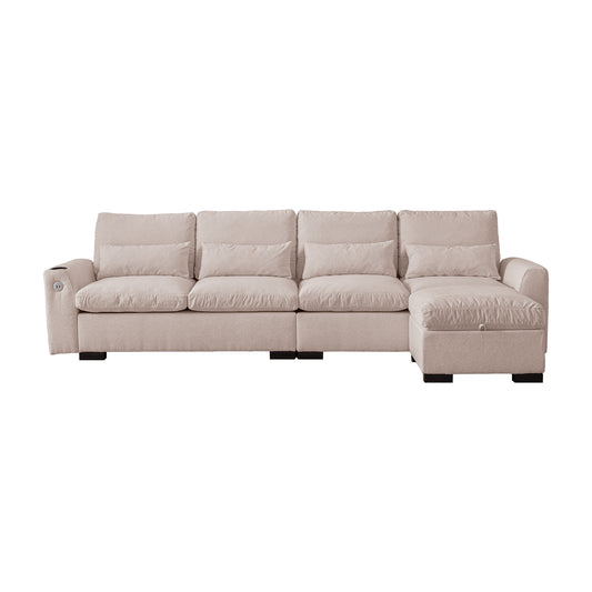 Modern Modular L Shaped Chenille Sofa Couch with Reversible Ottoman and Storage, USB Ports, Cup Holder, Beige, 114.5' W848S00035
