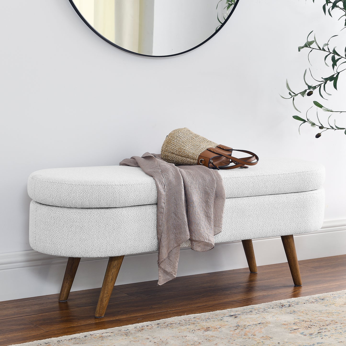 Ottoman Oval Storage Bench,Rubber Wood Legs,White(43.5'x16'x16')  W48764885