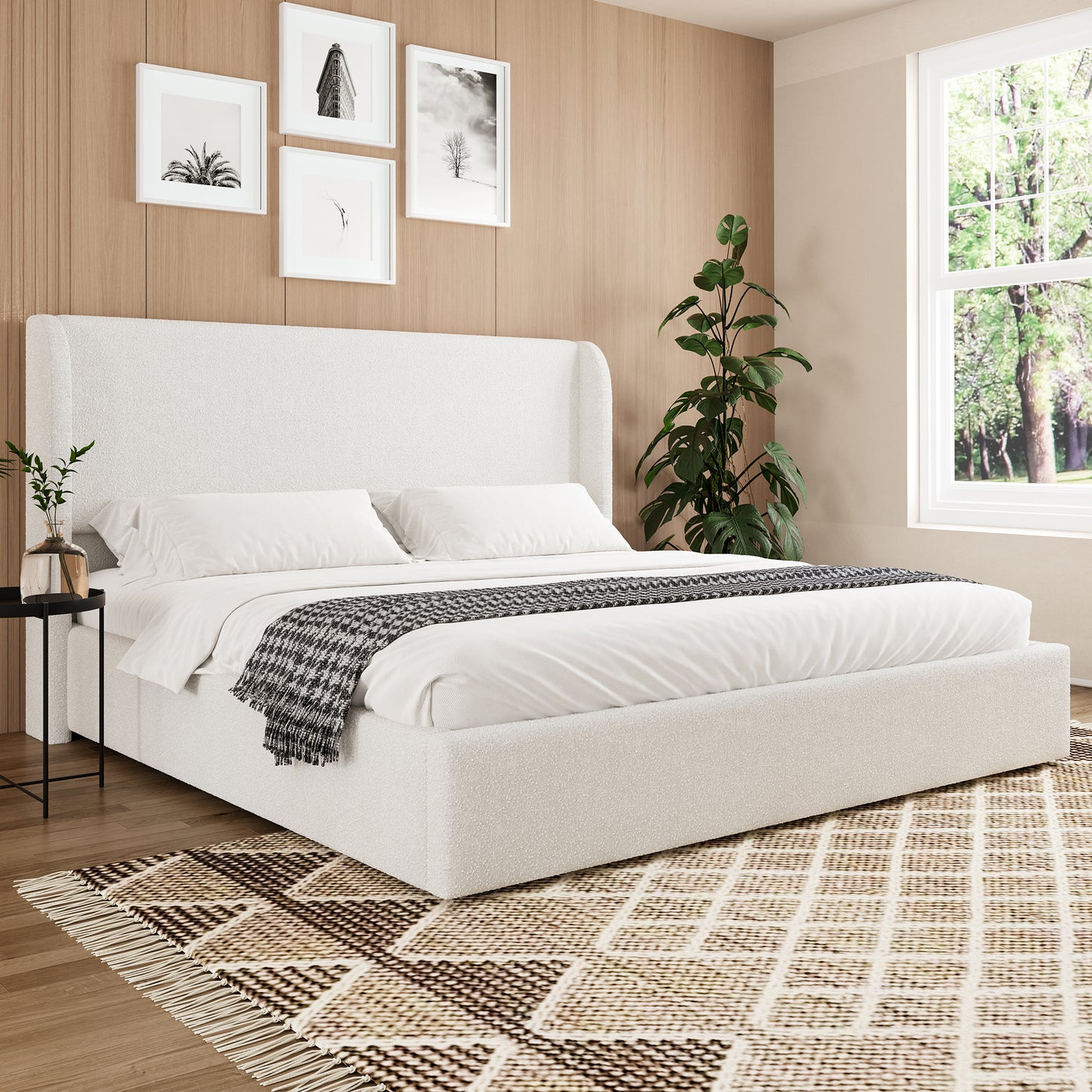 King Size Boucle Bed Frame, Upholstered Cloud Bed Frame with Headboard, Metal Legs and Slats, No Box Spring Needed, White King  W1670S00029
