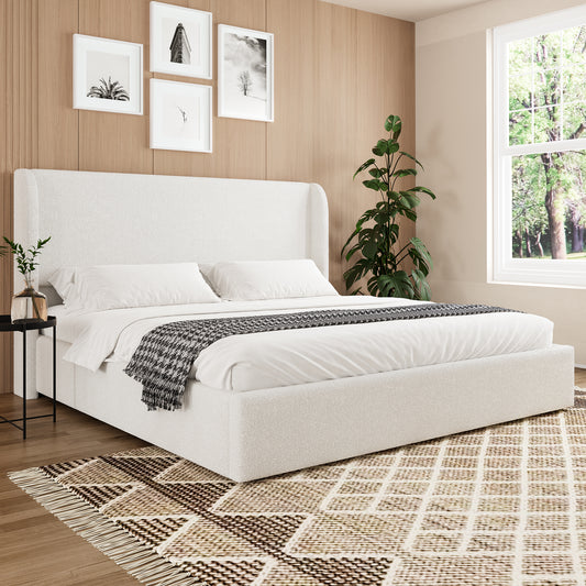 King Size Boucle Bed Frame, Upholstered Cloud Bed Frame with Headboard, Metal Legs and Slats, No Box Spring Needed, White King  W1670S00029