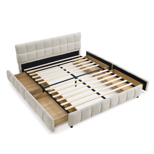 Modern Queen Size Upholstered Bed Frame with Headboard and Storage Drawer, Beige Chenille Fabric  W487P235287