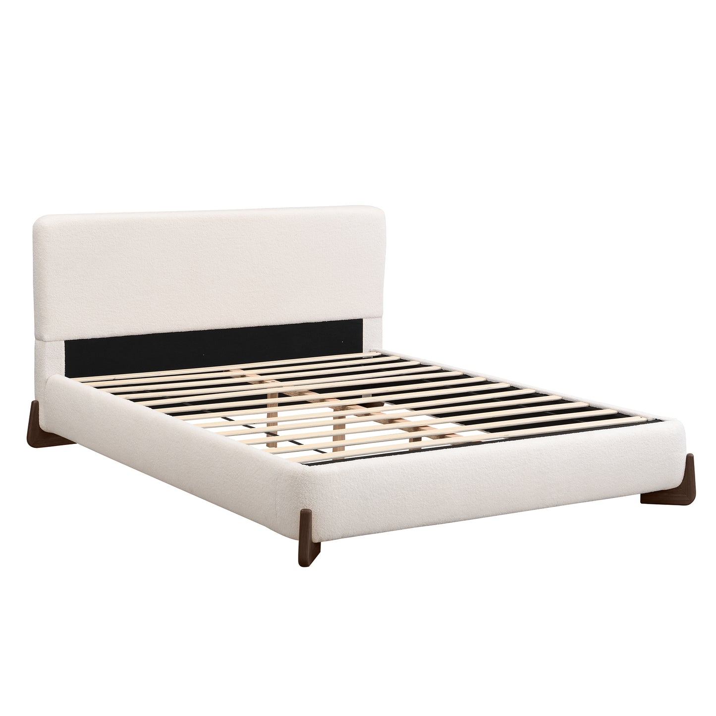 Elegant White Terry Upholstered Bed with Dark Brown Solid Wood Legs, Queen Size, Luxurious Comfort and Timeless Style  N769P227996Q
