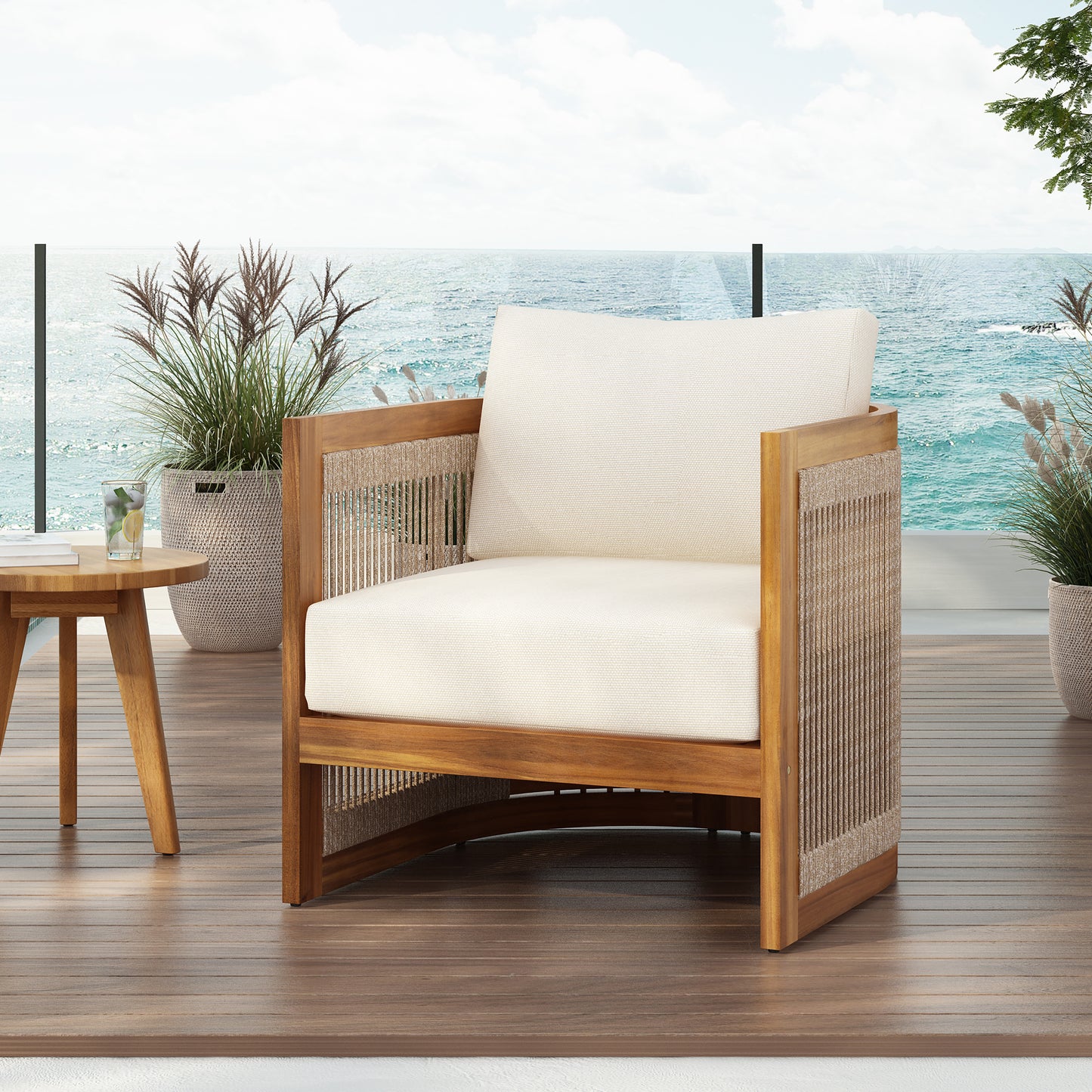 Premium Acacia Wood Outdoor Club Chair, Curved Tub Design with Woven Rope Accents, Water-Resistant Cushions, All-Weather Slat Construction N767P367654A