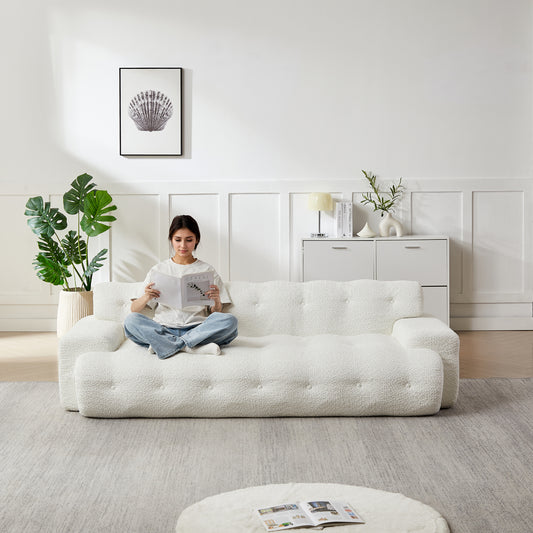 [Video]87.4-inch Cloud Series Minimalist Button-Tufted Square Arm Three-Seater Sofa, Chenille Sofa, Comfortable Upholstered Sofa with Button-Tufted Design, Snow White W3505P383948