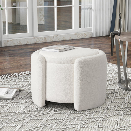 Round Ottoman teddy fleece cushioned footpads living room and bedroom footstool with storage space (White)  W2941P242294