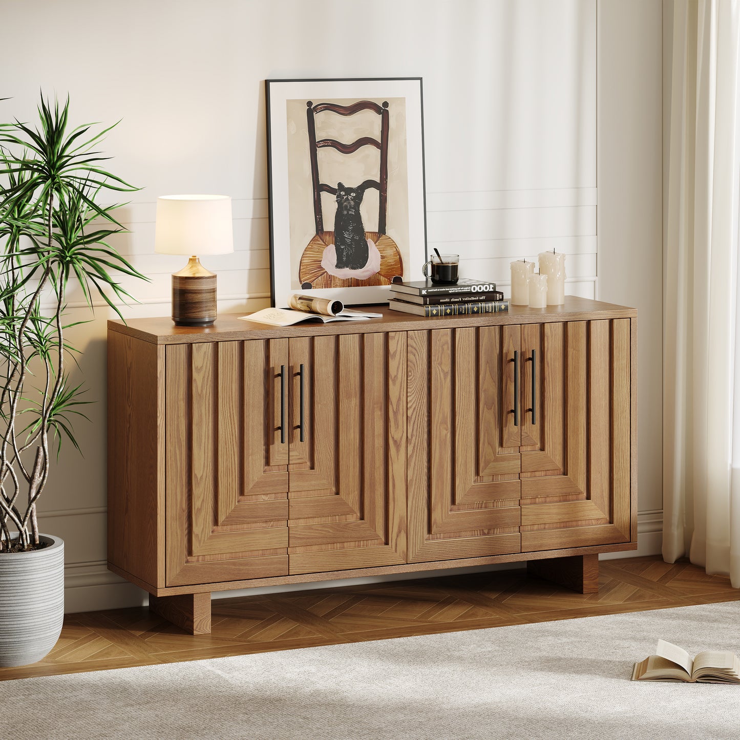 Modern sideboard, 59''×15.75''×32.5'' storage cabinet with 4 doors, MDF and ash veneer with metal handles, natural finish, suitable for dining/living room storage N780P352310N