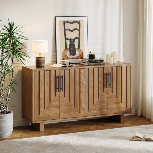 Modern sideboard, 59''×15.75''×32.5'' storage cabinet with 4 doors, MDF and ash veneer with metal handles, natural finish, suitable for dining/living room storage N780P352310N