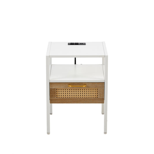 Modern Rattan End Table Set with Power Outlet & USB Ports, White MDF & Metal, 15.75'  W1265123648