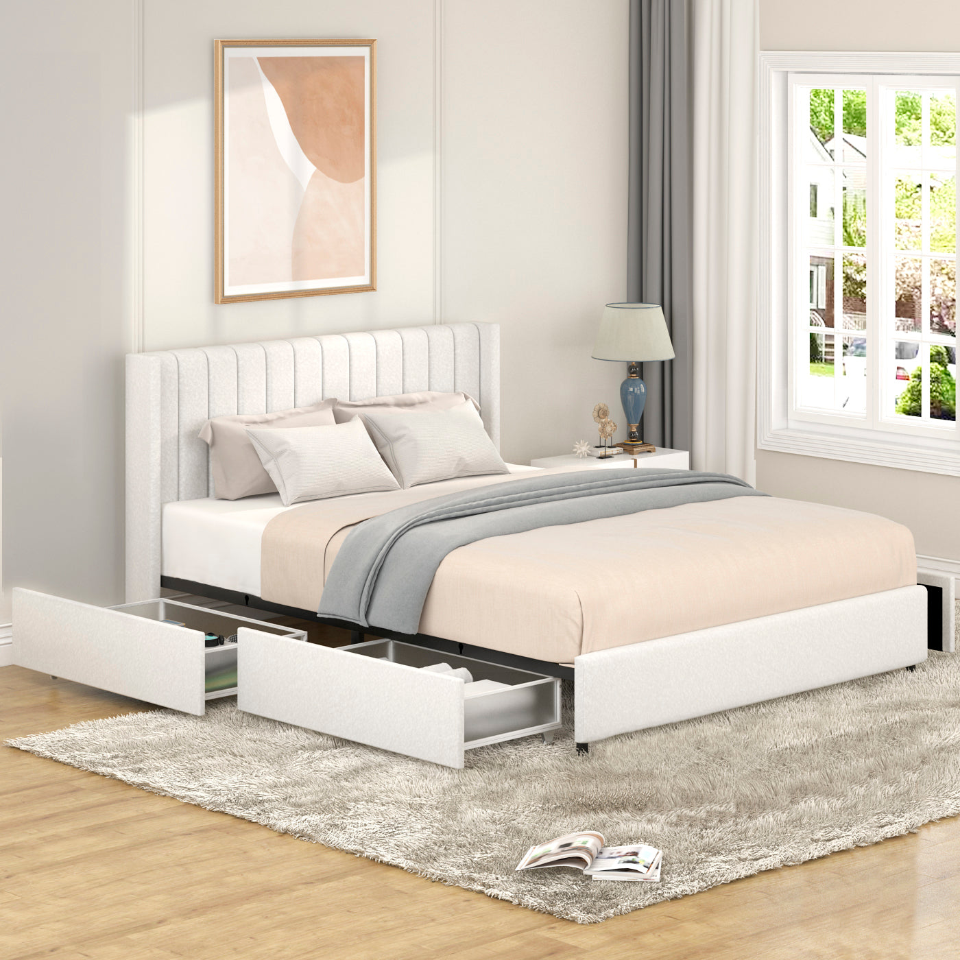 Anda Queen Size Ivory Boucle Upholstered Platform Bed with Patented 4 Drawers Storage, Tufted Headboard, Wooden Slat Mattress Support, No Box Spring Needed  B083P152011