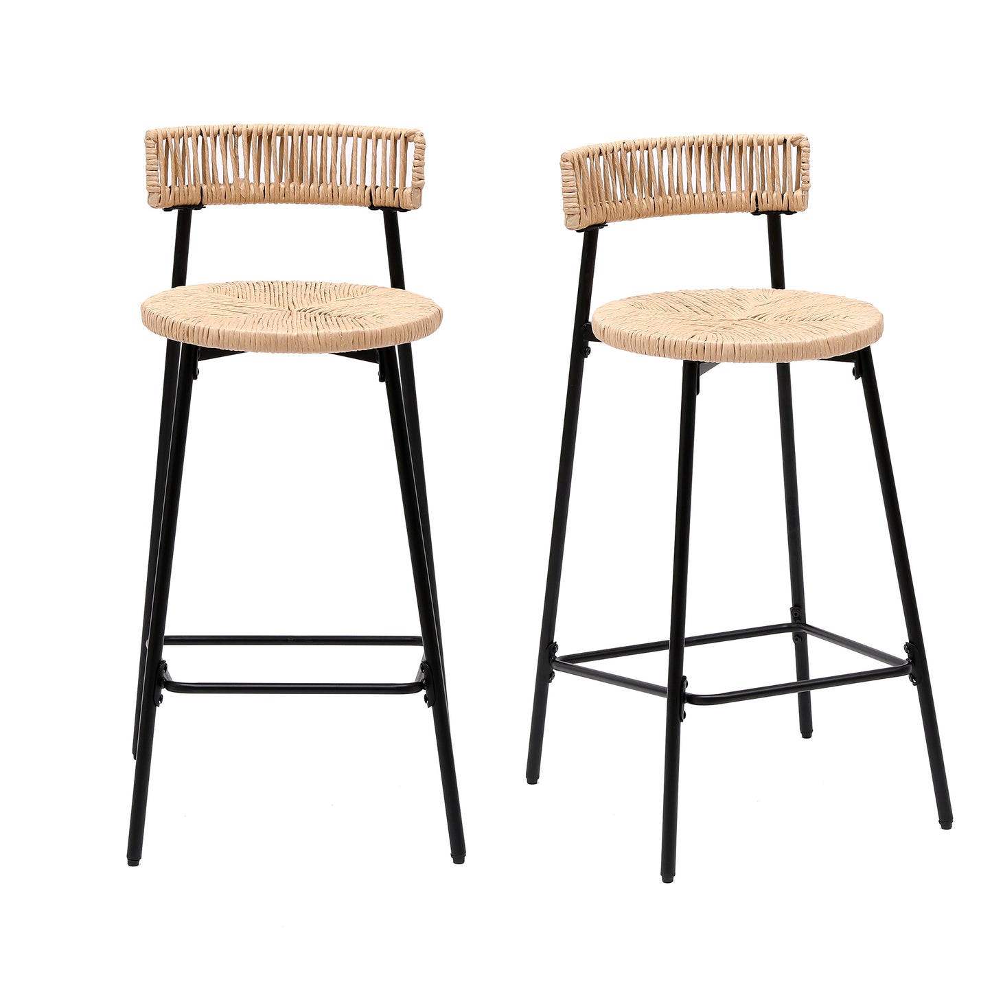 Hand Woven Bar Stools with Back Set of 2 Paper Rope Round Barstools with Footrest for Kitchen Island & Dining Rooms, Black & Honey  W1757P271587