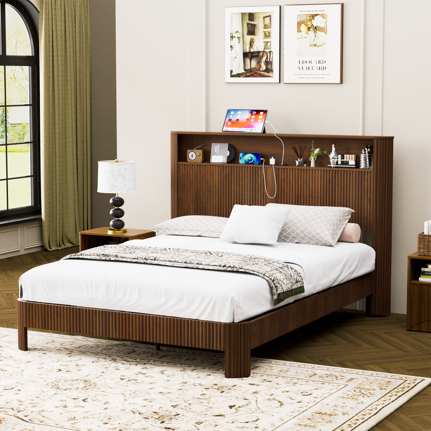 Queen Size bed frame with storage headboard, built-in charging station, wavy curved lines design, silent operation, metal support, Walnut  W1162P357261