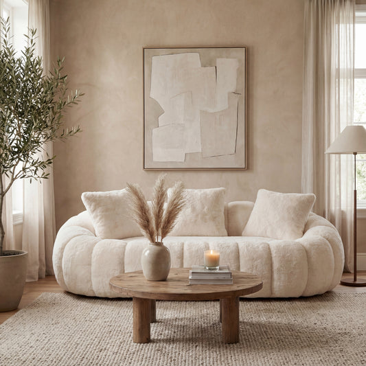 Floral-shaped sofa, ultra-soft faux fur sofa, large living room two-seater sofa, beige, two-person style W2012P399200