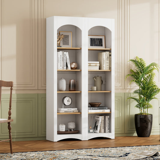 ON-TREND Free Standing 5 Tier Bookshelves, Bookcases Set of 2, Farmhouse Two-Tone Storage Cabinet with Adjustable Shelves, Modern 72'H Kitchen Pantry Cabinet for Living Room, Home Office, White N721P245734K