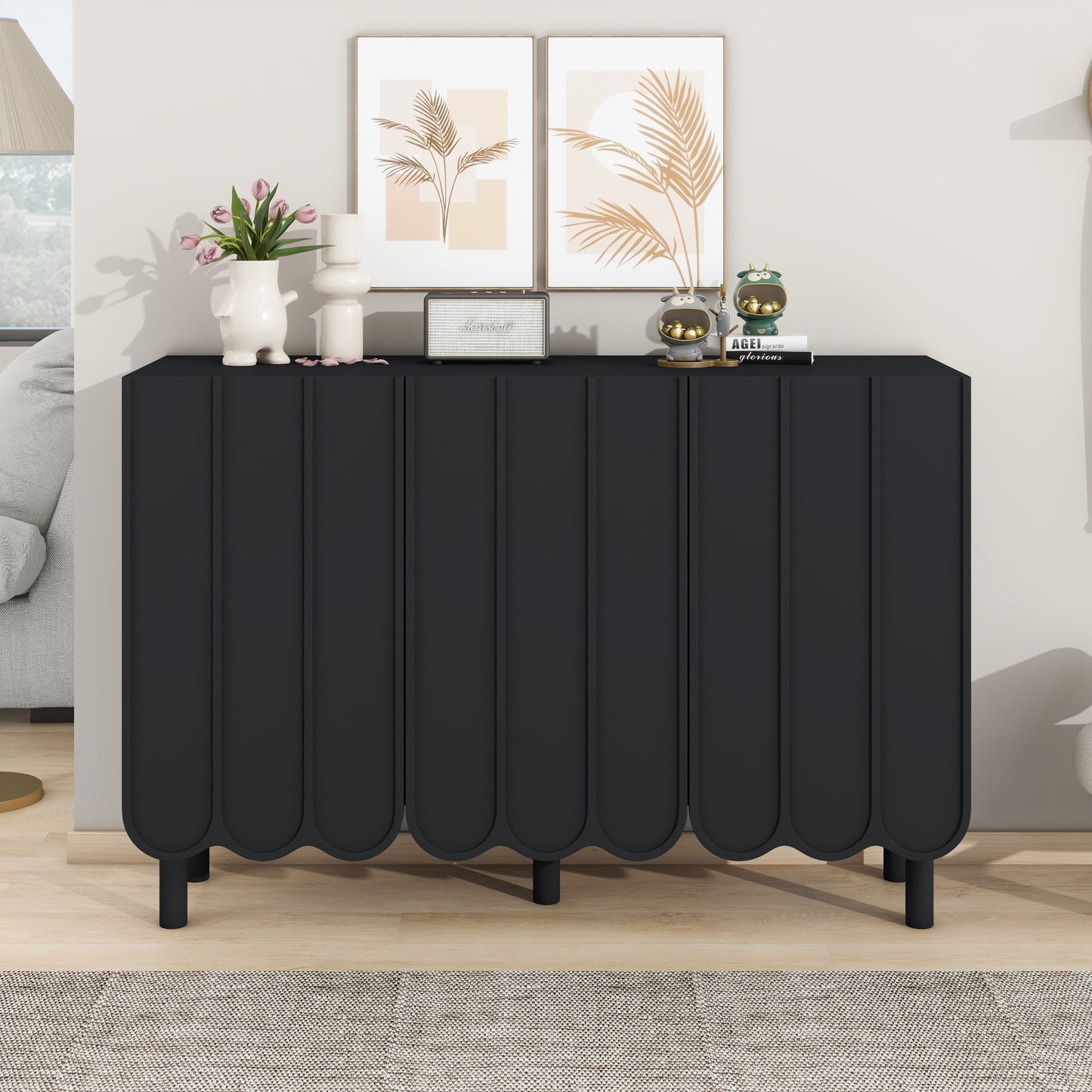 ON-TREND Cream Style Minimalist Shoe Cabinet with 5 Solid Wood Legs, Sideboard Buffet Cabinet with Adjustable Shelves, Large Storage Cabinet with Wave Doors for Living Room, Black N721P180695B