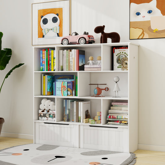 Toy Storage Organizer with 2 Movable Drawers, Multi-Functional 7 Shelf Kids Bookcase with 2 Hooks, Children Book Shelf for Kids Room, Nursery Storage Book Rack for Playroom, Classroom-White  W282P196031