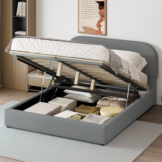 Teddy Fleece Queen  Size Upholstered Platform Bed with Hydraulic Storage System, Gray  SF000166AAE