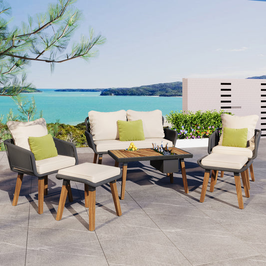 K&K 6-Piece Rope Patio Furniture Set, Outdoor Furniture with Acacia Wood Cool Bar Table with Ice Bucket , Deep Seat Patio Conversation Set with Two Stools for Backyard Porch Balcony (Black & Beige)  SK000005AAA