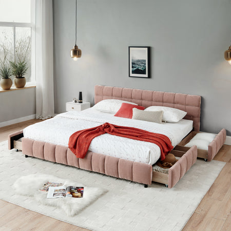 California King size Upholstered Bed ,comfortable upholstered bed frame, Chenille fabric, with headboard and solid bed frame. With drawer for storage.-Pink(90.5''*80.5''*31'')  W487P311313