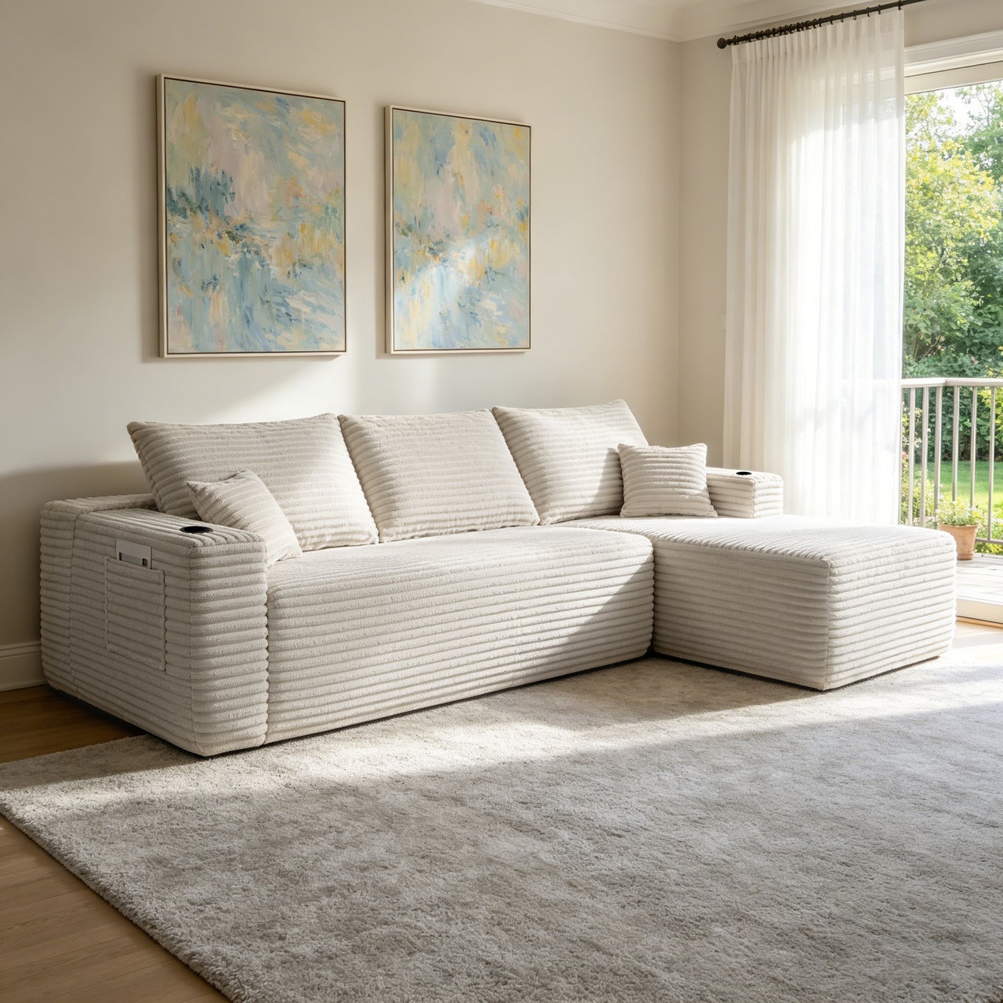 108' Cloud Sectional Sofa with L-Shape Chaise and Side Pockets , Modern Modular Design, Deep Seating, Upholstered Couch for Living Room/Bedroom, No Assembly Required (Plush Fabric), White, Right  W3975S00089