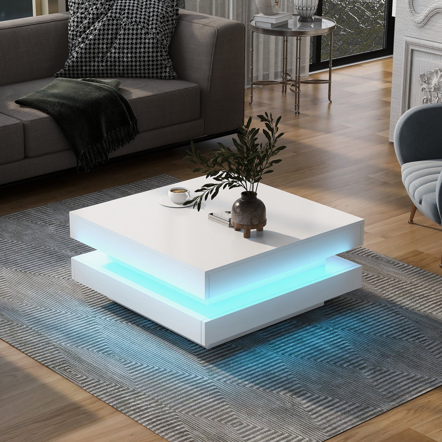 ON-TREND High Gloss Minimalist Design with LED Lights, 2-Tier Square Coffee Table, Center Table for Living Room, 31.5''x31.5''x14.2'', White  WF295997AAK