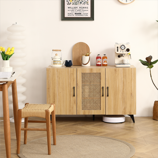 Three-Door Cabinet with Natural  Rattan Mesh - Large Storage Space, Kitchen Storage Cabinet .Stable and Durable Structure, Perfect for Living Rooms or Restaurants  45.3inch  W158183966